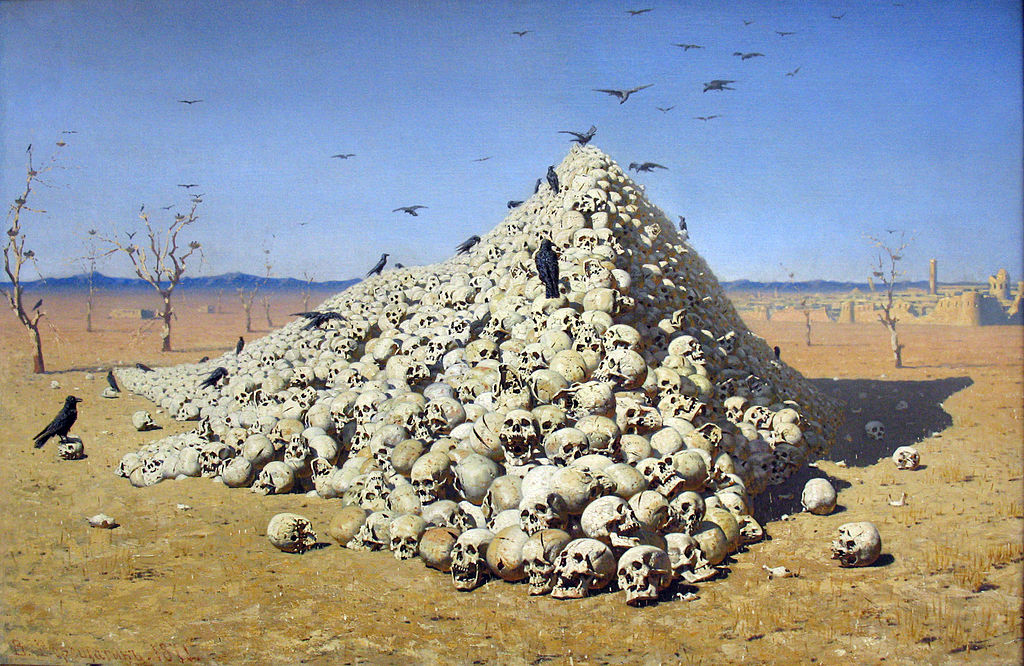 La pintura de Vereshchagin La apoteosis de la guerra (1871) llegó a ser admirada como una de las primeras expresiones artísticas del pacifismo.