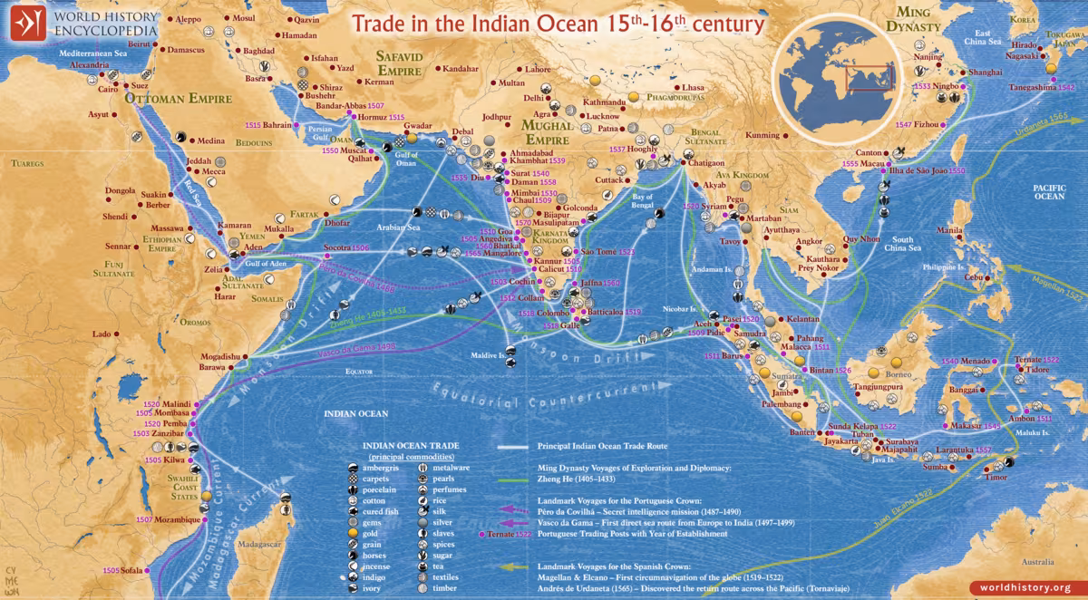 Mapa del comercio en el Océano Índico, siglos XV-XVI.