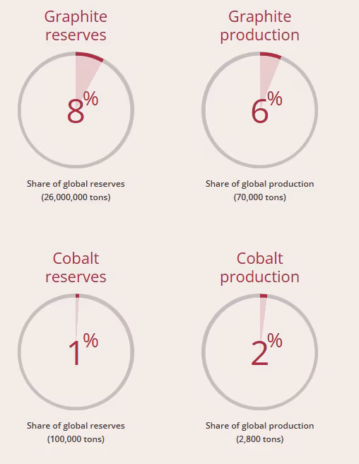 Producción mundial de cobalto y grafito de Madagascar en 2021.