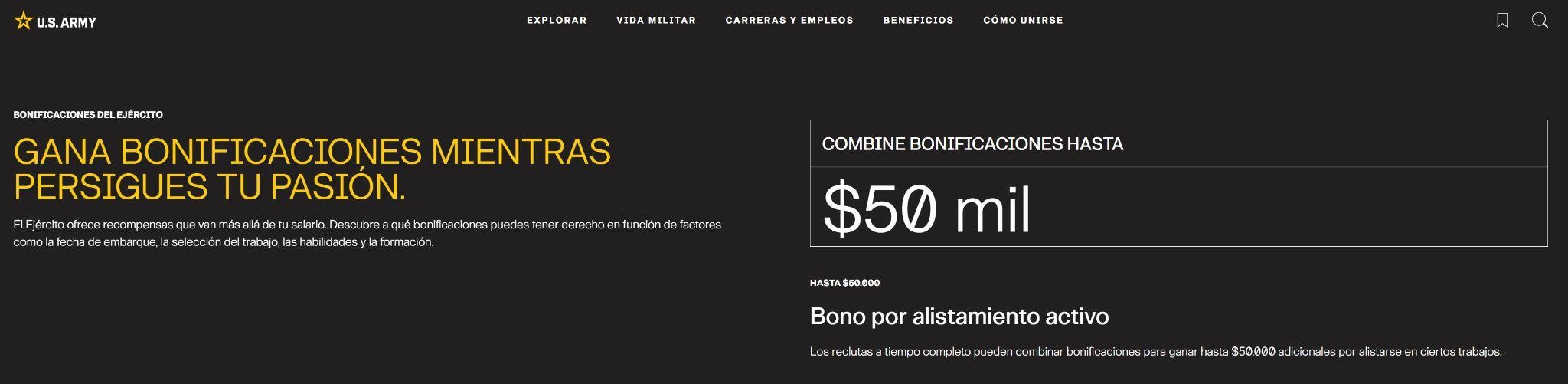 Bonificaciones militares. Fuente: US Army
