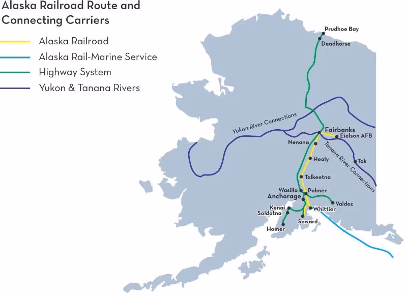 Mapa ferroviario de Alaska. Ninguna se acerca ni de lejos al punto donde se construiría el túnel. Fuente: Alaska Railroad