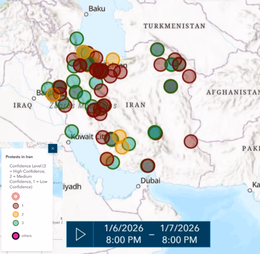 Mapa de localización de las protestas registradas en Irán entre el 6 y el 7 de enero de 2026, elaborado por Institute for the Study of War y Critical Threats.