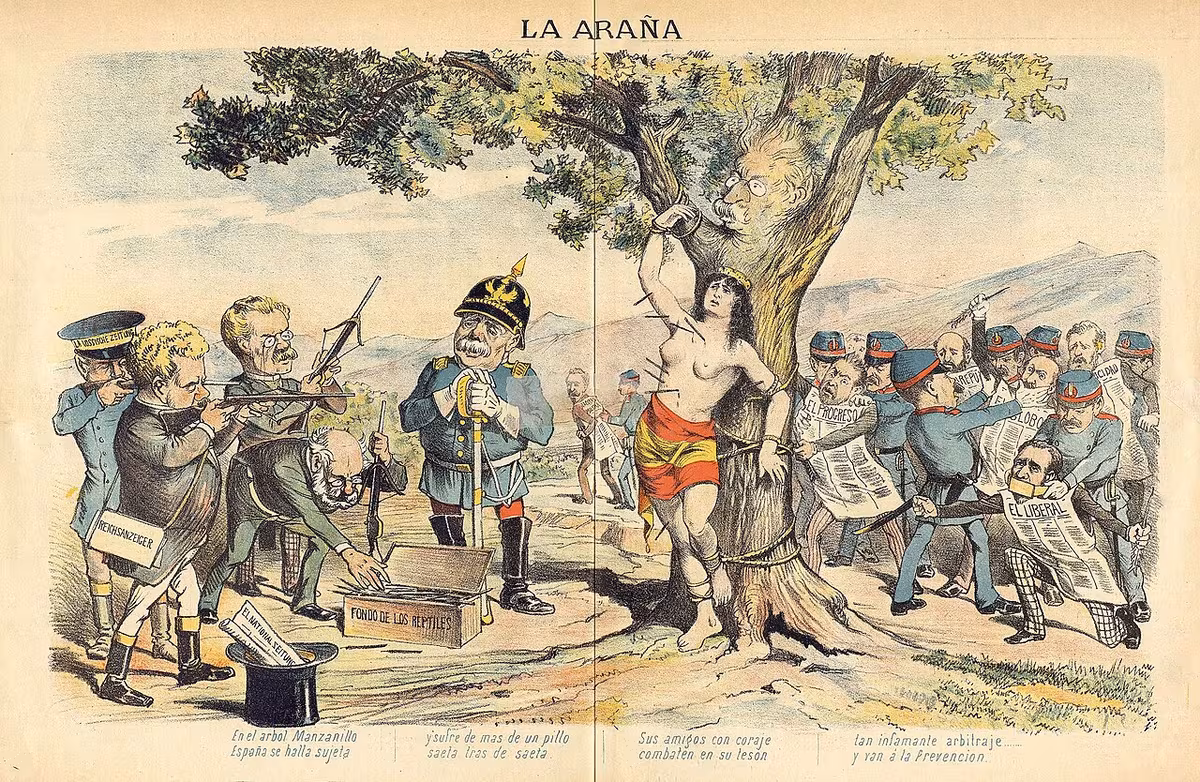 Caricatura de La Araña publicada el 2 de octubre de 1885 en plena crisis de las Carolinas.