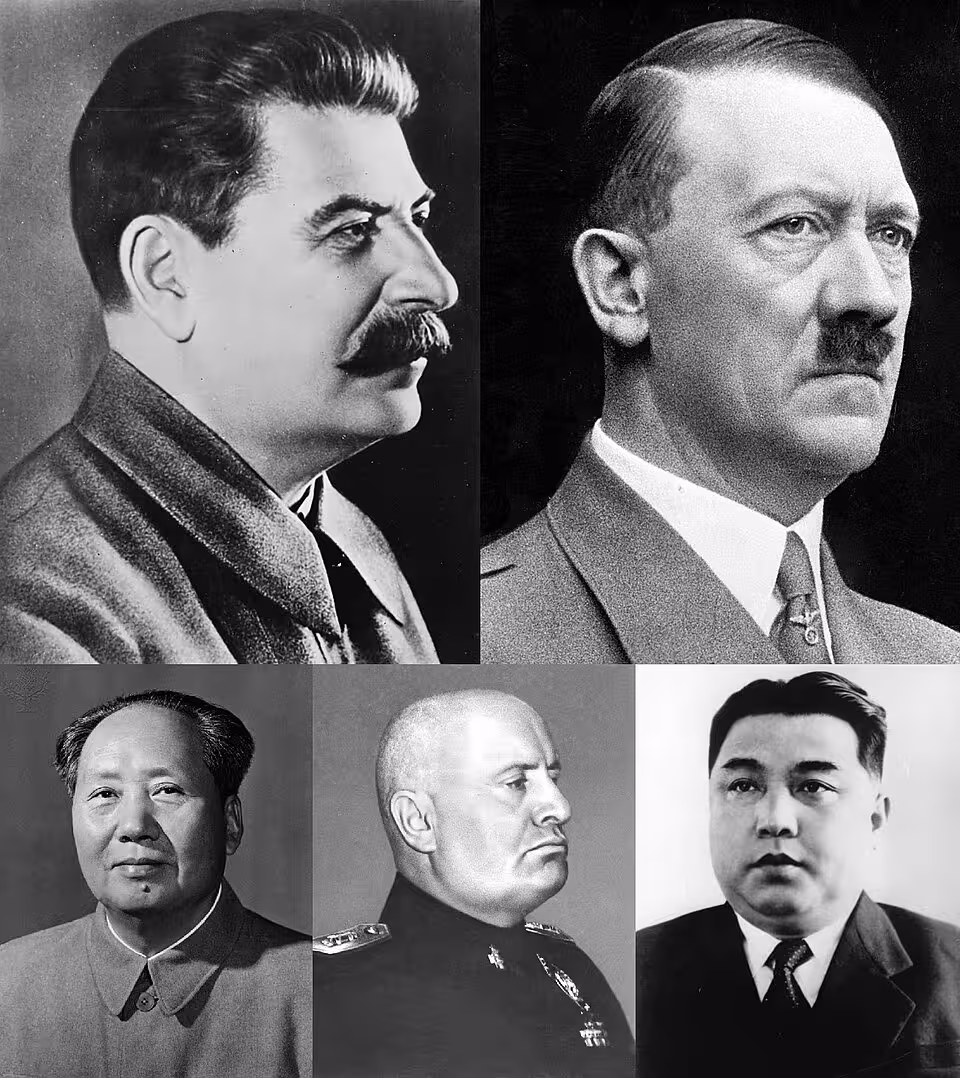 Collage de líderes totalitarios (cada fila, de izquierda a derecha): Joseph Stalin, Adolf Hitler, Mao Zedong, Benito Mussolini y Kim Il-sung