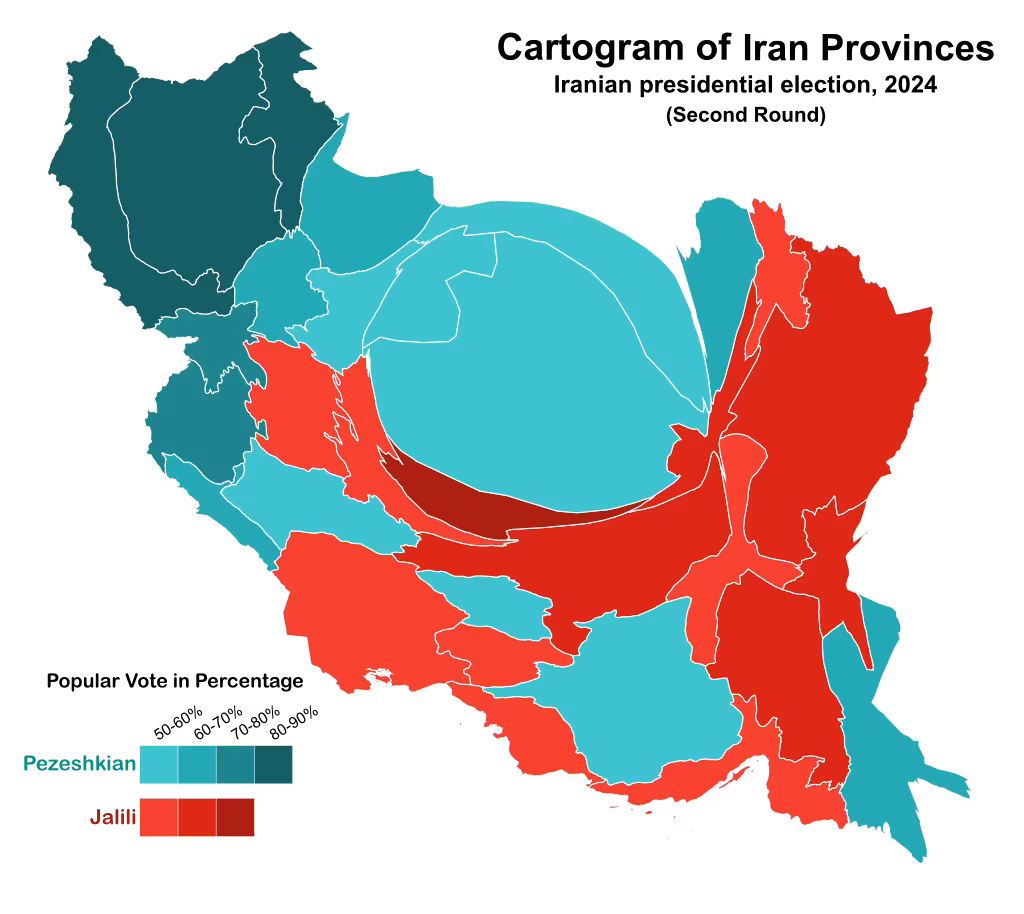Resultados provinciales de la segunda vuelta de las elecciones presidenciales de Irán (2024). Fuente: Electoral Geography