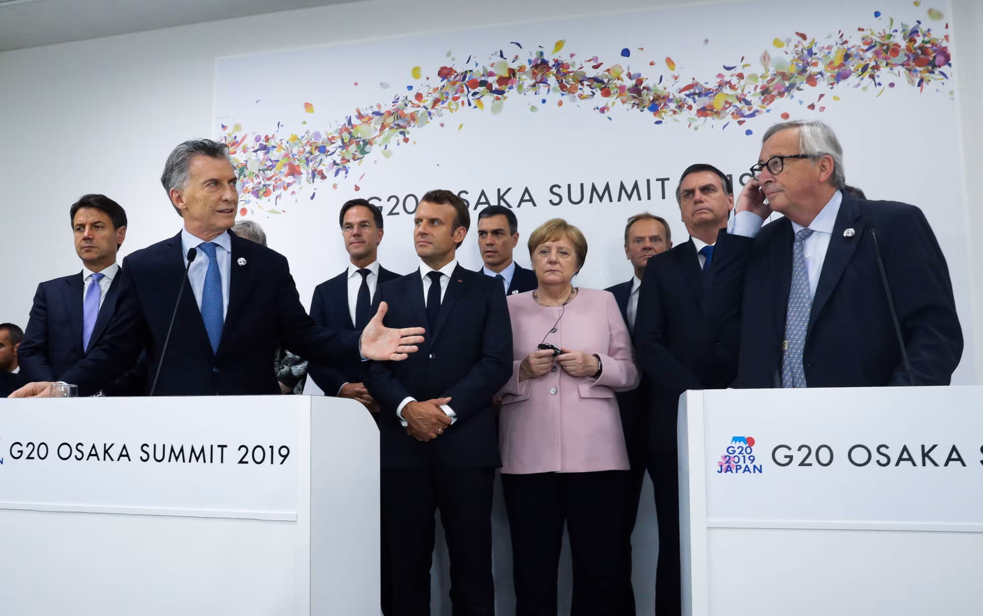 Mauricio Macri y líderes de la Unión Europea durante el anuncio del acuerdo Mercosur-UE en la cumbre del G20 en Osaka.