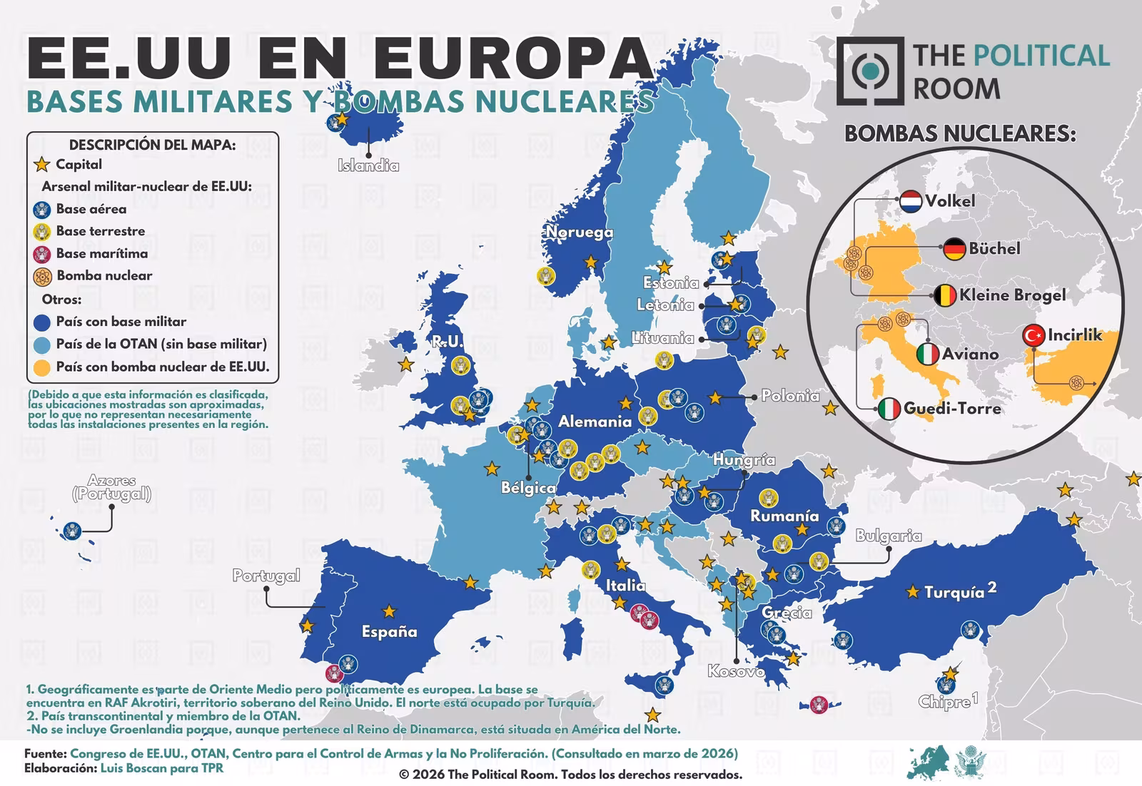 Bases militares y bombas nucleares estadounidenses en Europa (2026)