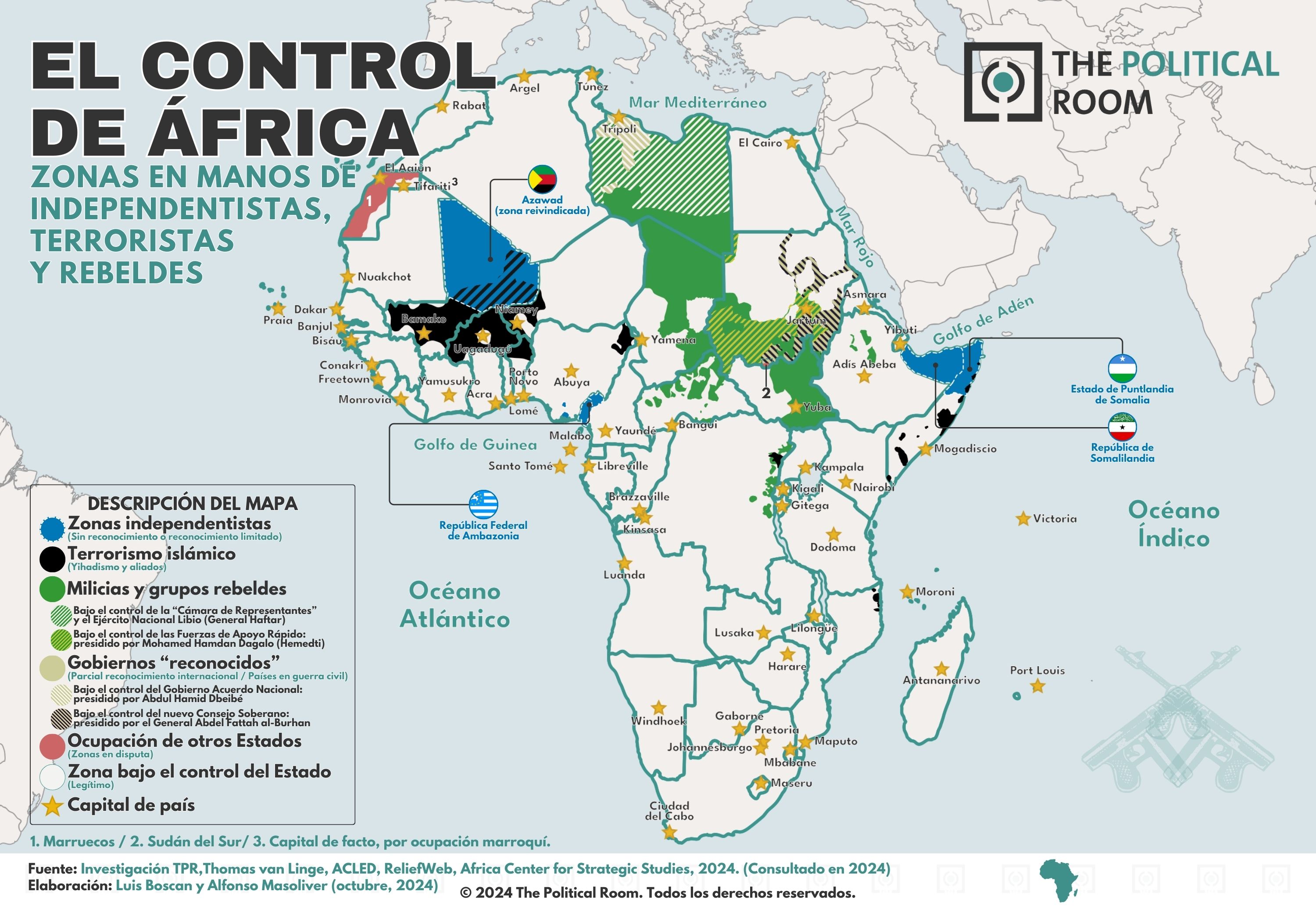 Mapa TPR 55 Por el control de África zonas en manos de independentistas, terroristas y rebeldes, situación en octubre de 2024.jpg