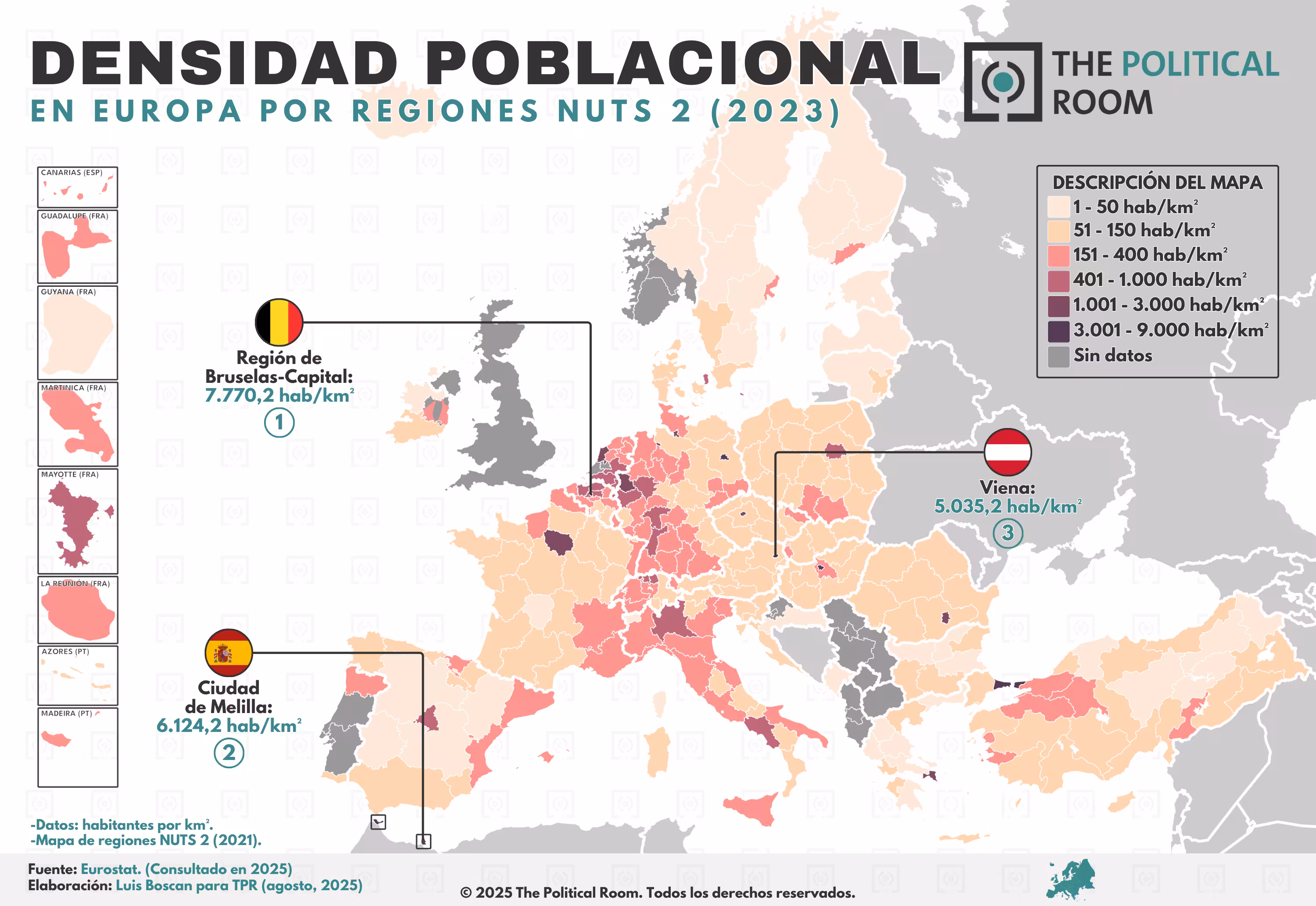 Densidad poblacional de los países europeos (2023)