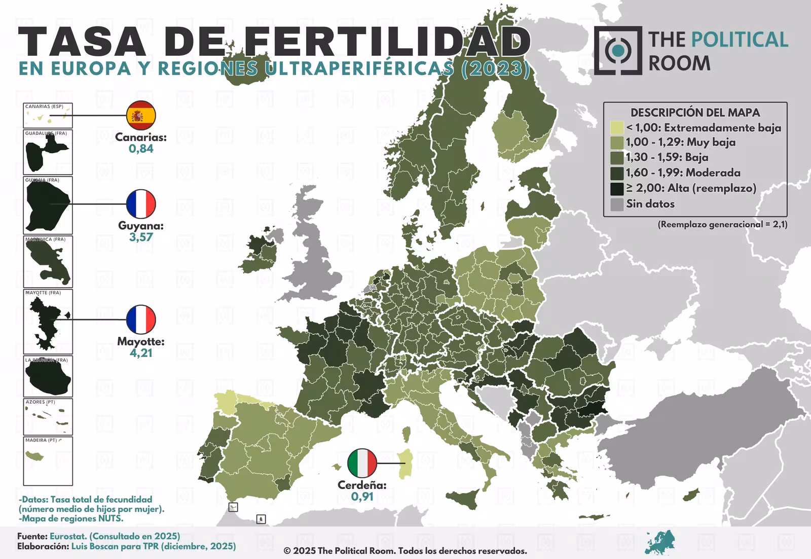 Tasa total de fertilidad en Europa NUTS 2 (2023)