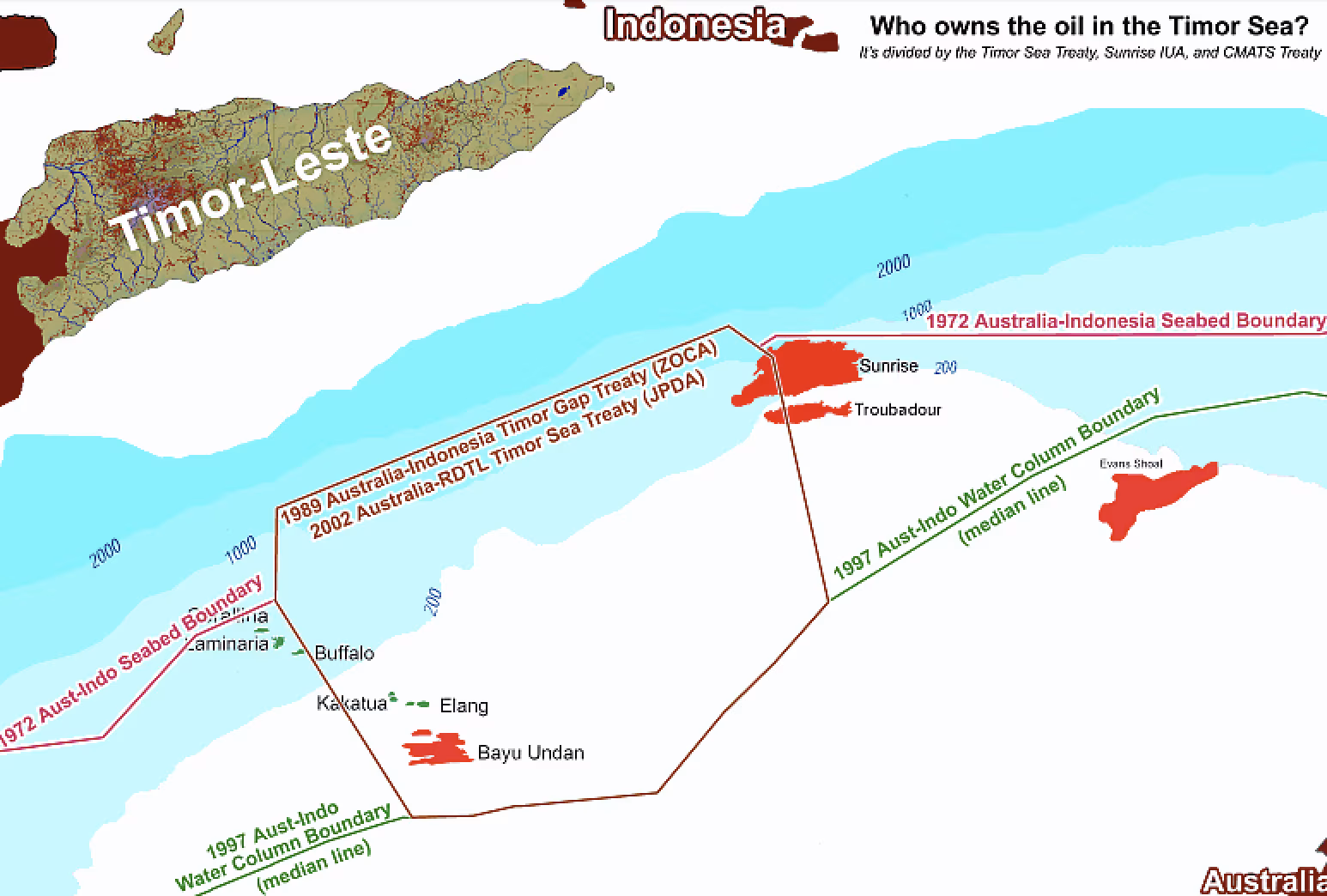Así fue la antigua división de los recursos del Mar de Timor entre Indonesia, Timor y Australia. Fuente: Northern territory Geographical Survey