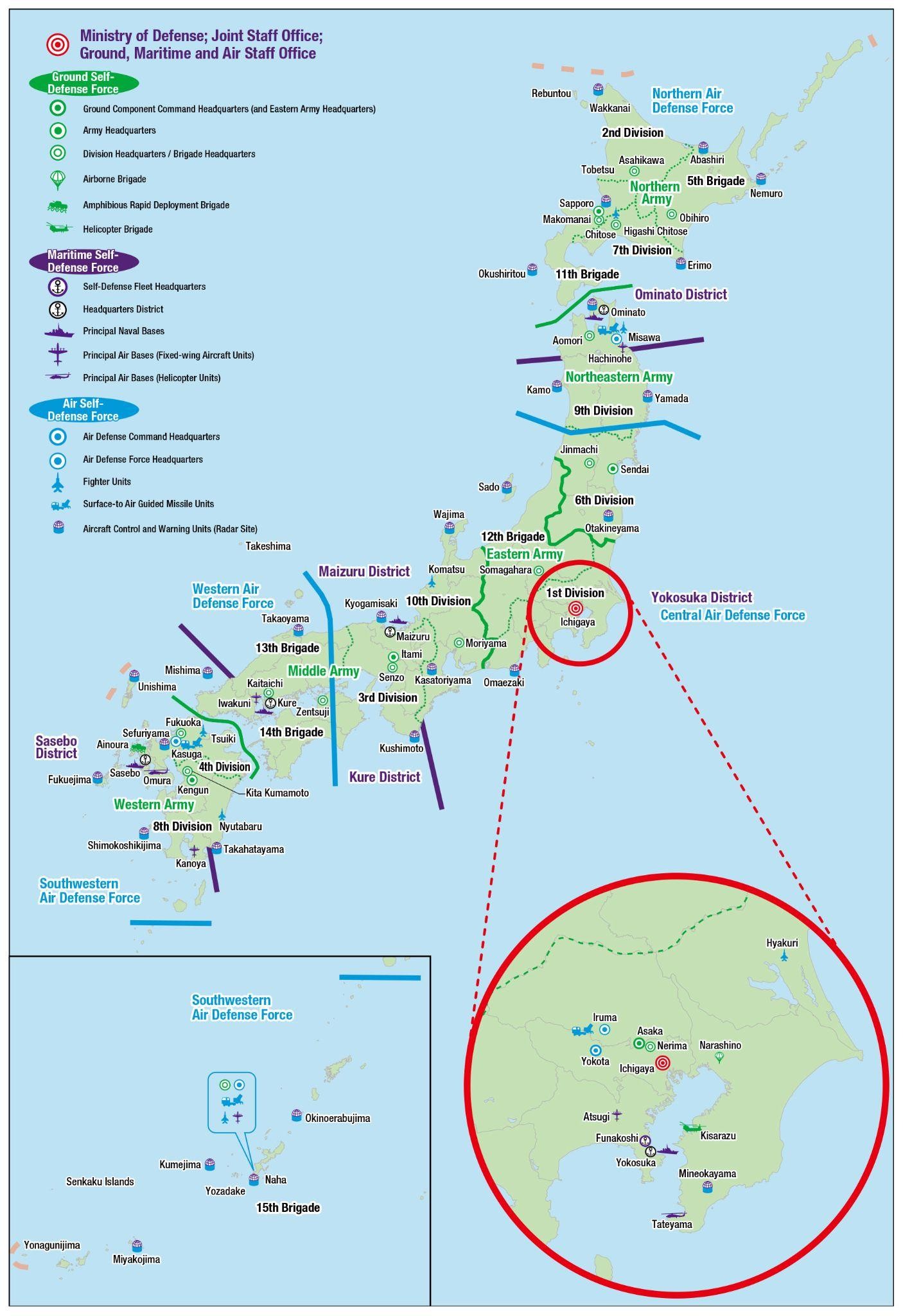 Localización de las principales unidades de la Fuerza Marítima de Autodefensa a 31 de marzo de 2023. Fuente: Defensa de Japón. Libro Blanco de la Defensa 2024