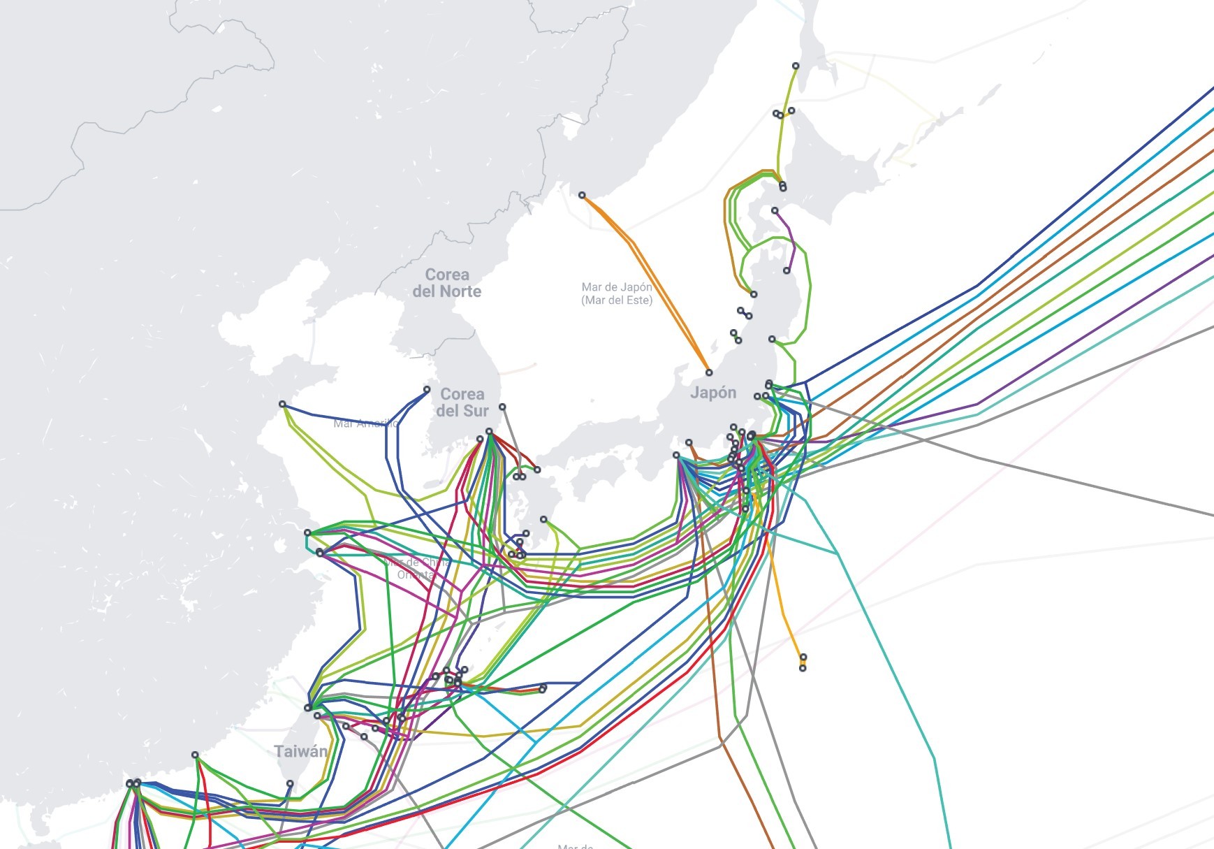 Mapa de cables submarinos, Japón. Fuente: TeleGeography