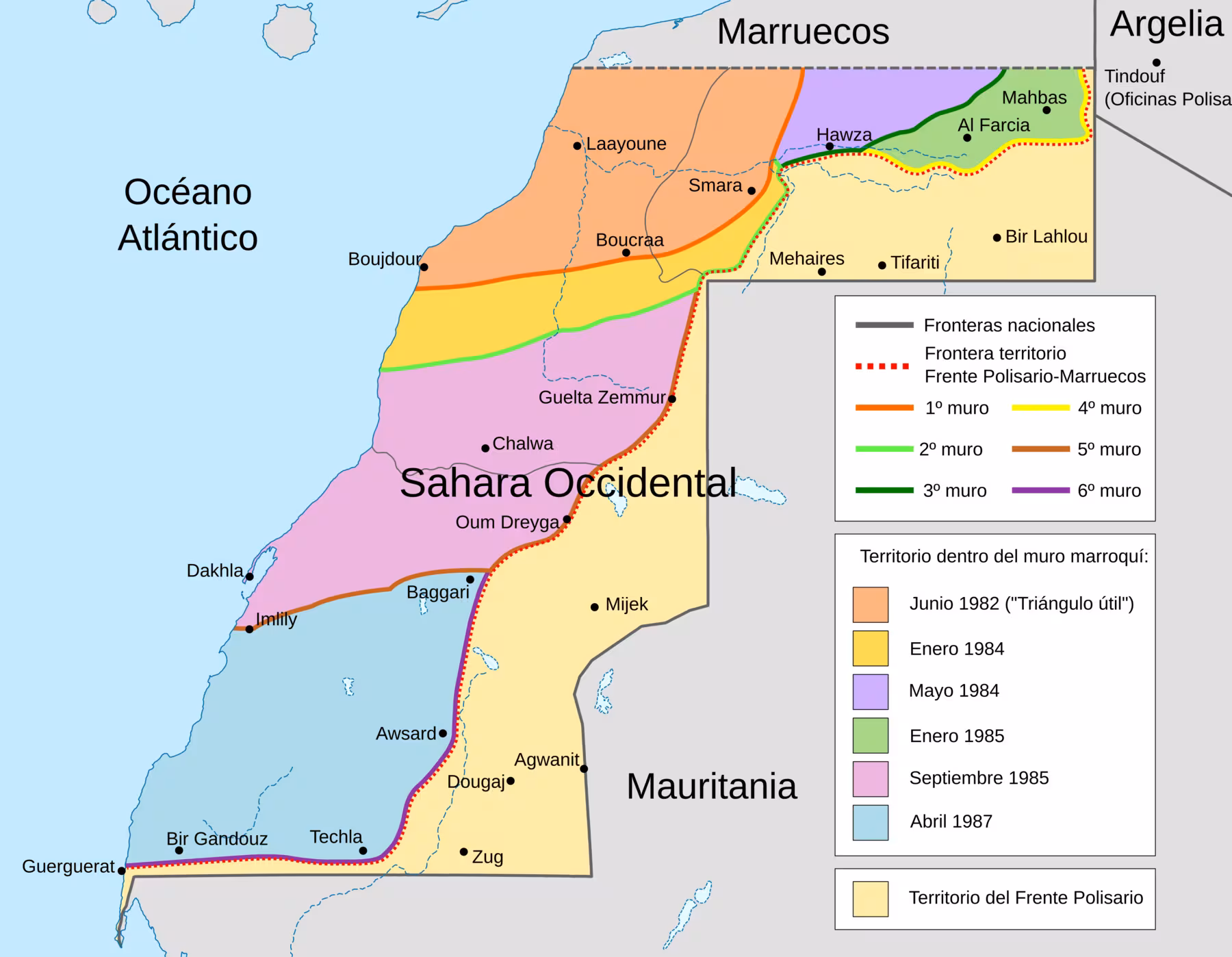 Mapa del Muro Marroquí en el Sáhara Occidental, construido en varias etapas.