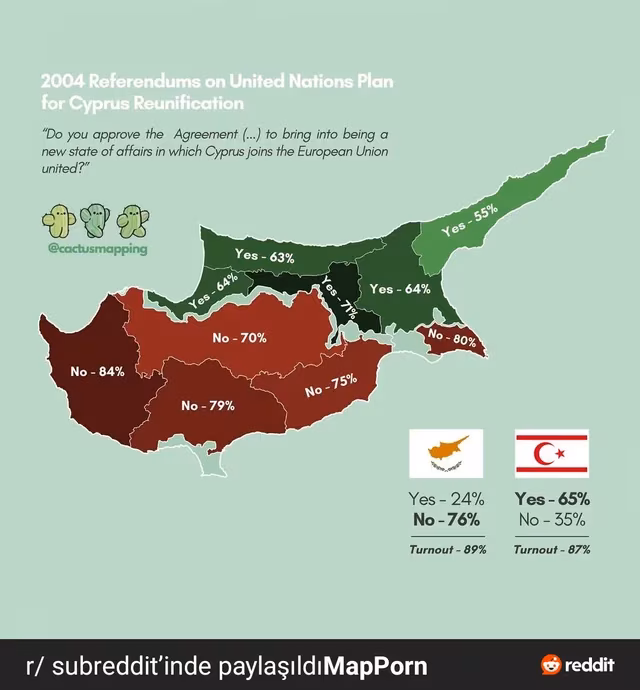 Mapa de los resultados de la votación del Norte y del Sur de Chipre sobre el Plan Annan