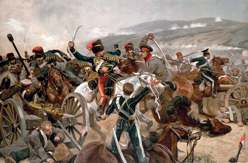 La caballería británica cargando contra las fuerzas rusas en Balaclava durante la Guerra de Crimea de 1857