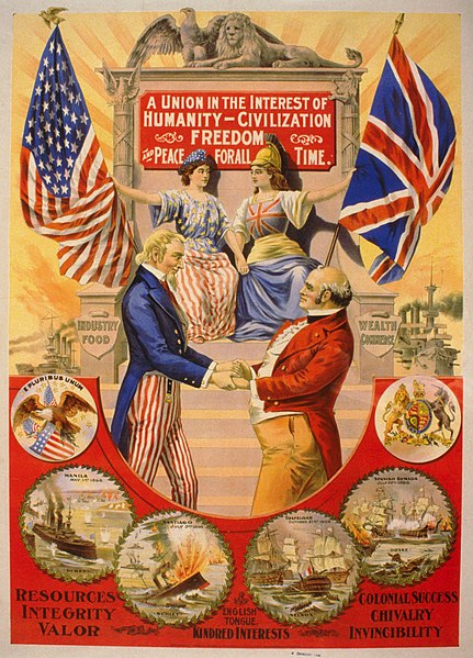 Esta representación de 1898 del Gran Acercamiento, término histórico que se refiere a la convergencia de los objetivos diplomáticos, políticos, militares y económicos de los Estados Unidos y el Imperio Británico desde 1895 hasta 1915, dos décadas antes de la entrada estadounidense en la Primera Guerra Mundial, muestra al Tío Sam abrazando a John Bull, mientras Columbia y Britannia se sientan juntos y se toman de la mano