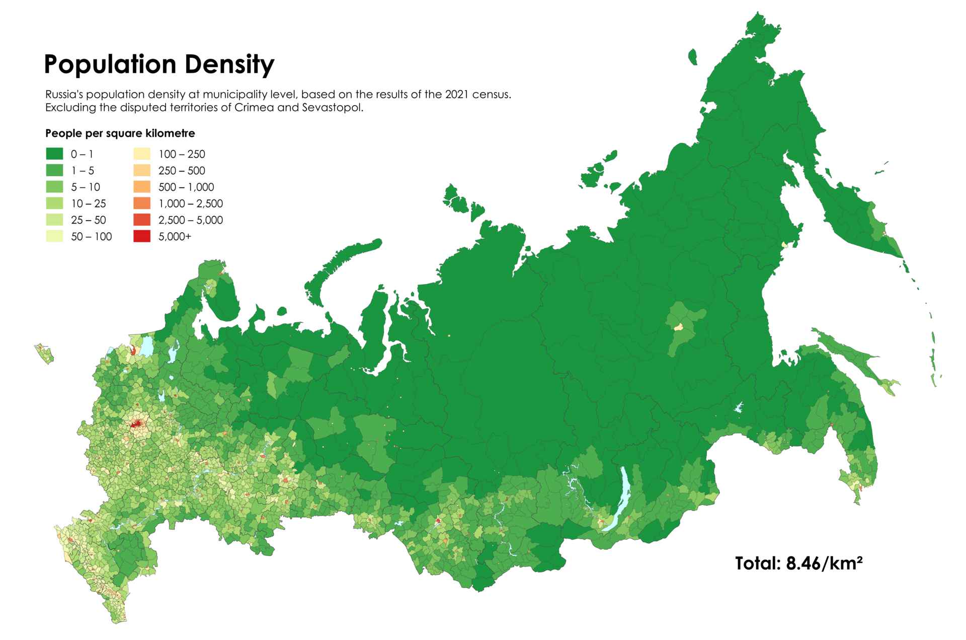 Mapa de la densidad de población de Rusia a nivel de municipio, basado en los resultados del censo de 2021.