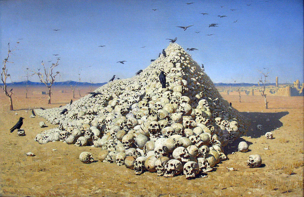 La pintura de Vereshchagin La apoteosis de la guerra (1871) llegó a ser admirada como una de las primeras expresiones artísticas del pacifismo.