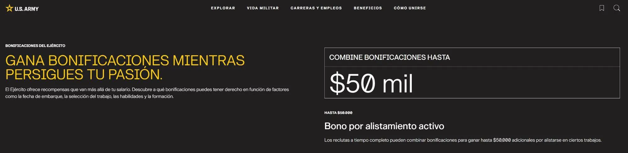 Bonificaciones militares. Fuente: US Army