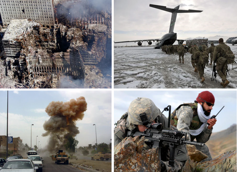 De izquierda a derecha: restos del WTC después de los atentados del 11 de septiembre de 2001; infantería estadounidense en Afganistán; explosión de un coche bomba en Irak; intérprete y soldado estadounidense en Zabul.