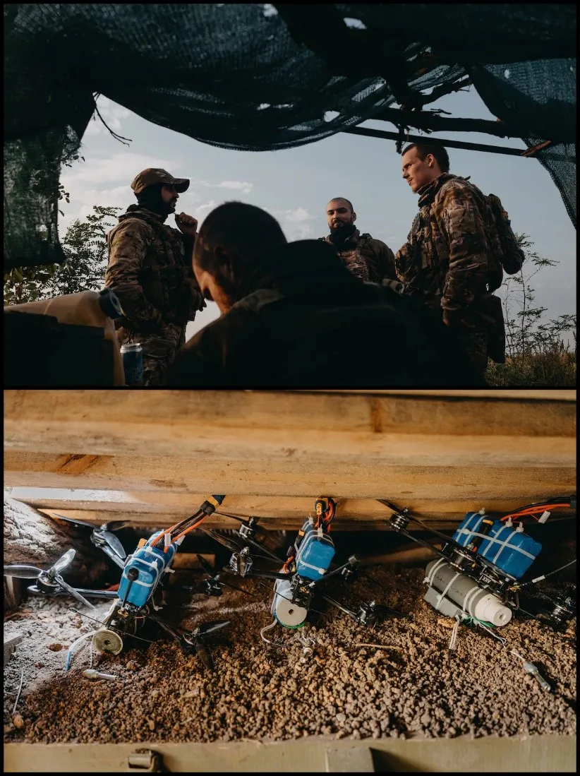 Soldados de una unidad de drones de la 47ª Brigada ante una posición avanzada de búnker y drones FPV listos para ser utilizados, en la línea del frente sur, cerca de Robotyne, el 14 de septiembre. Créditos: The Washington Post