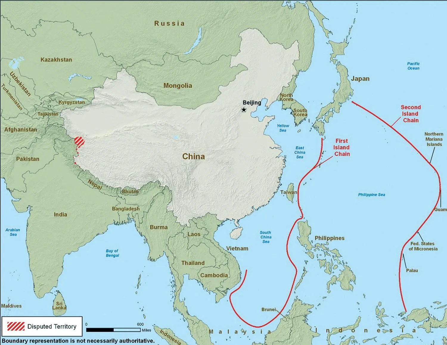 La primera y la segunda cadena de islas.&nbsp;Fuente: Informe Anual al Congreso: Military Power of the People's Republic of China 2009 (Washington, DC: Department de Defense, 2009), 18.