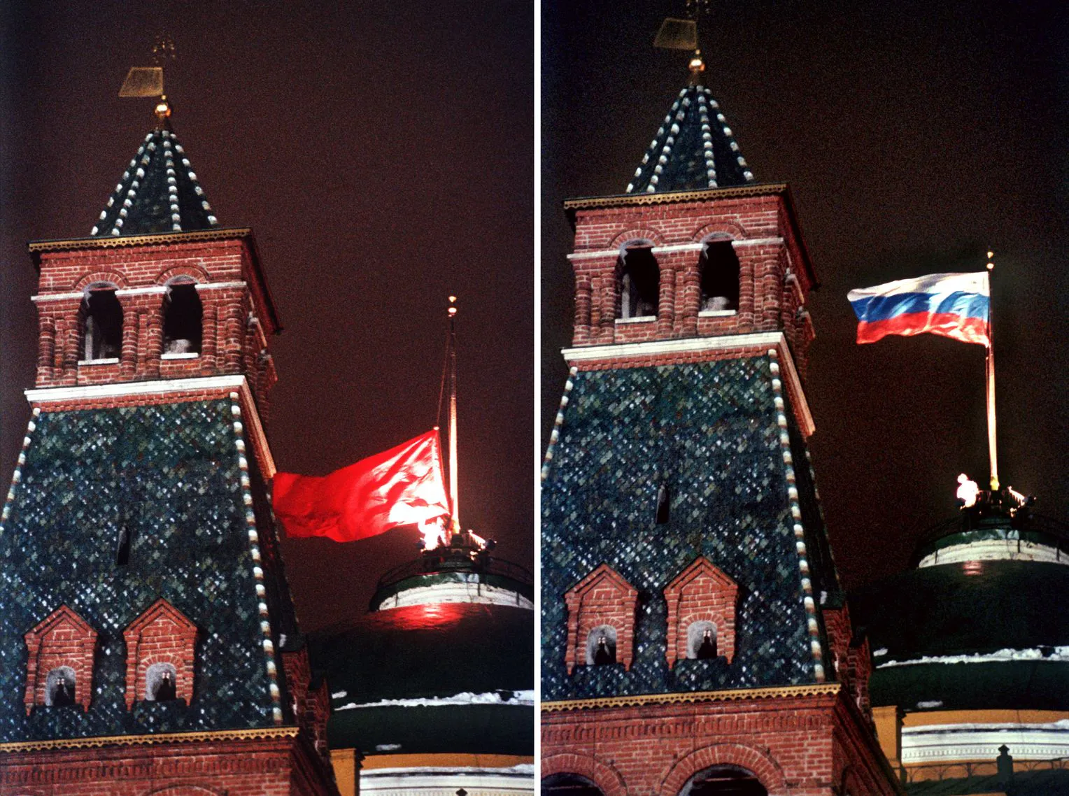 Fotografía de la bandera soviética en el Kremlin bajada y reemplazada por la bandera rusa el 25 de diciembre de 1991.