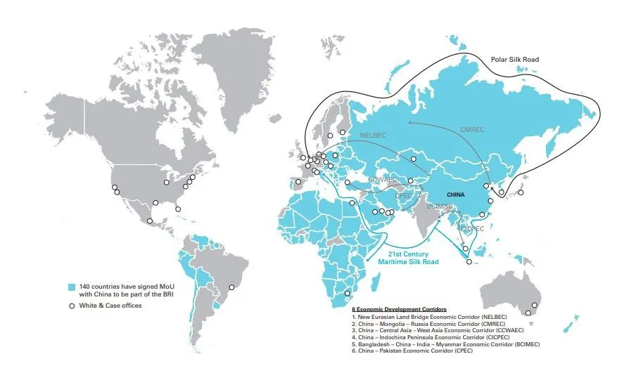 Mapa de la Iniciativa La Franja y la Ruta (IFR). Fuente:&nbsp;White&Case