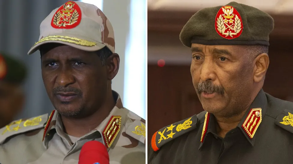 A la izquierda, Hemedti, líder del grupo paramilitar RSF. A la derecha, Al-Burhan, general en jefe del ejército sudanés (SAF). Fuente: BBC