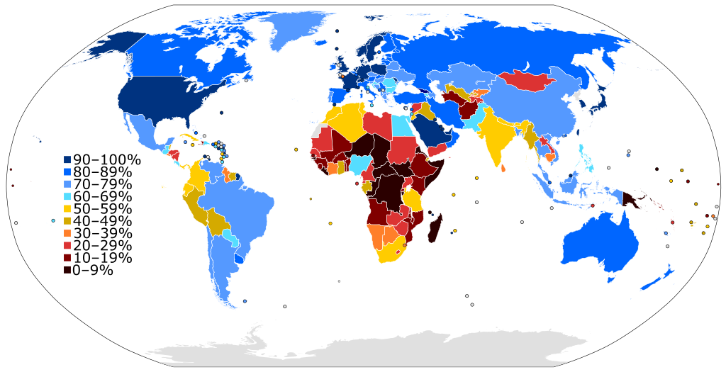 Un mapa mundial coloreado para mostrar el nivel de penetración de Internet (número de usuarios de Internet como porcentaje de la población de un país). Autor: Jeff Ogden (W163)