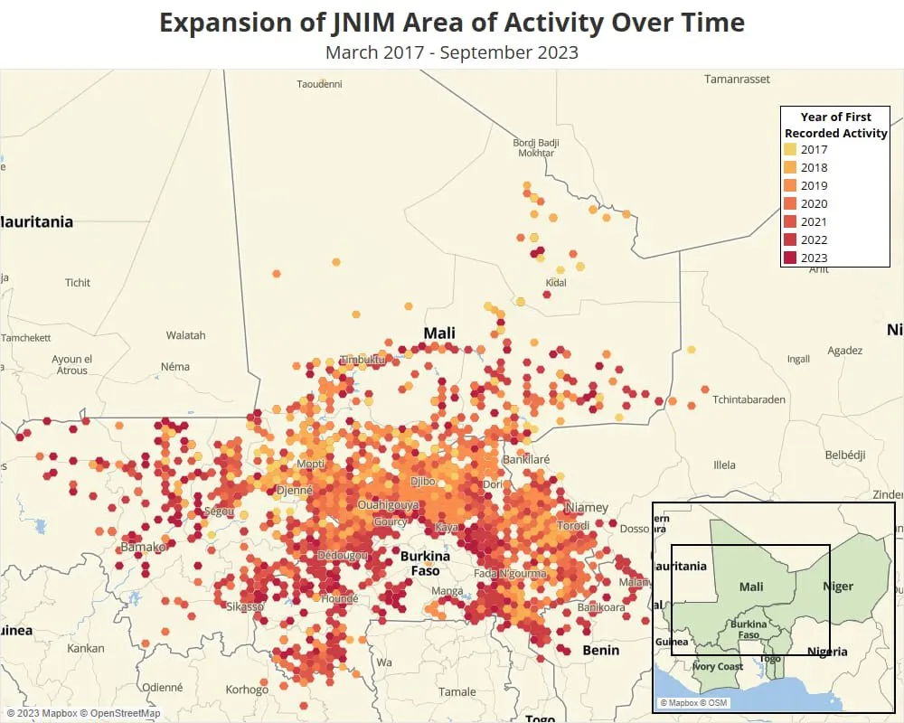 Expansión del JNIM en el Sahel a lo largo del tiempo. Fuente: ACLED