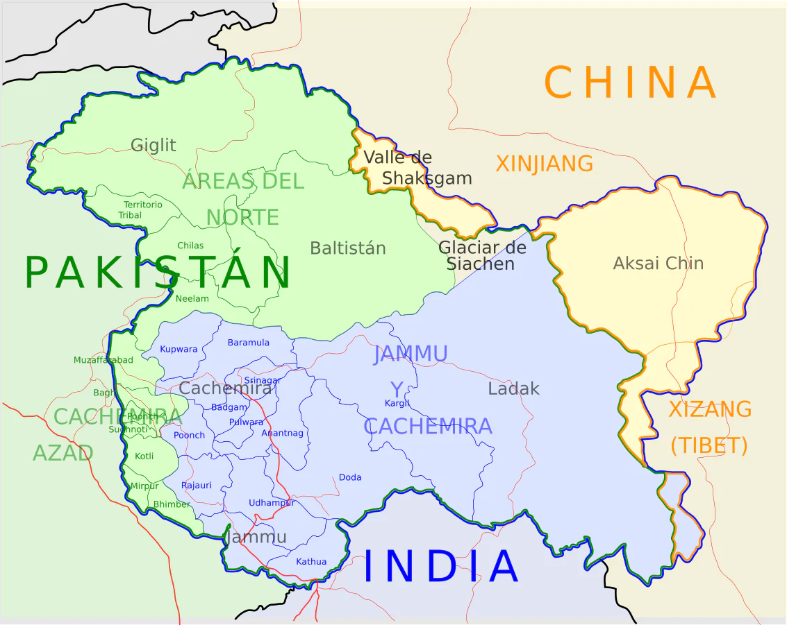Jammu y Cachemira se encuentran en disputa por tres países: Pakistán, India y China. Fuente: Planemad