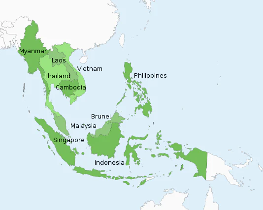 Mapa que muestra los estados miembros de la Asociación de Naciones del Sudeste Asiático (ASEAN)