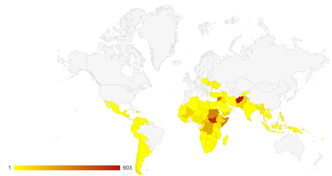 Mapa mundial según el número de incidentes violentos contra personal humanitario (1997 - 2024)