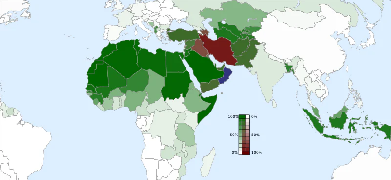 Estados con más de un 10 % de población musulmana: Verde: suníes, Rojo: chiíes, Azul: ibadíes (Omán). Autores: Baba66, NordNordWest