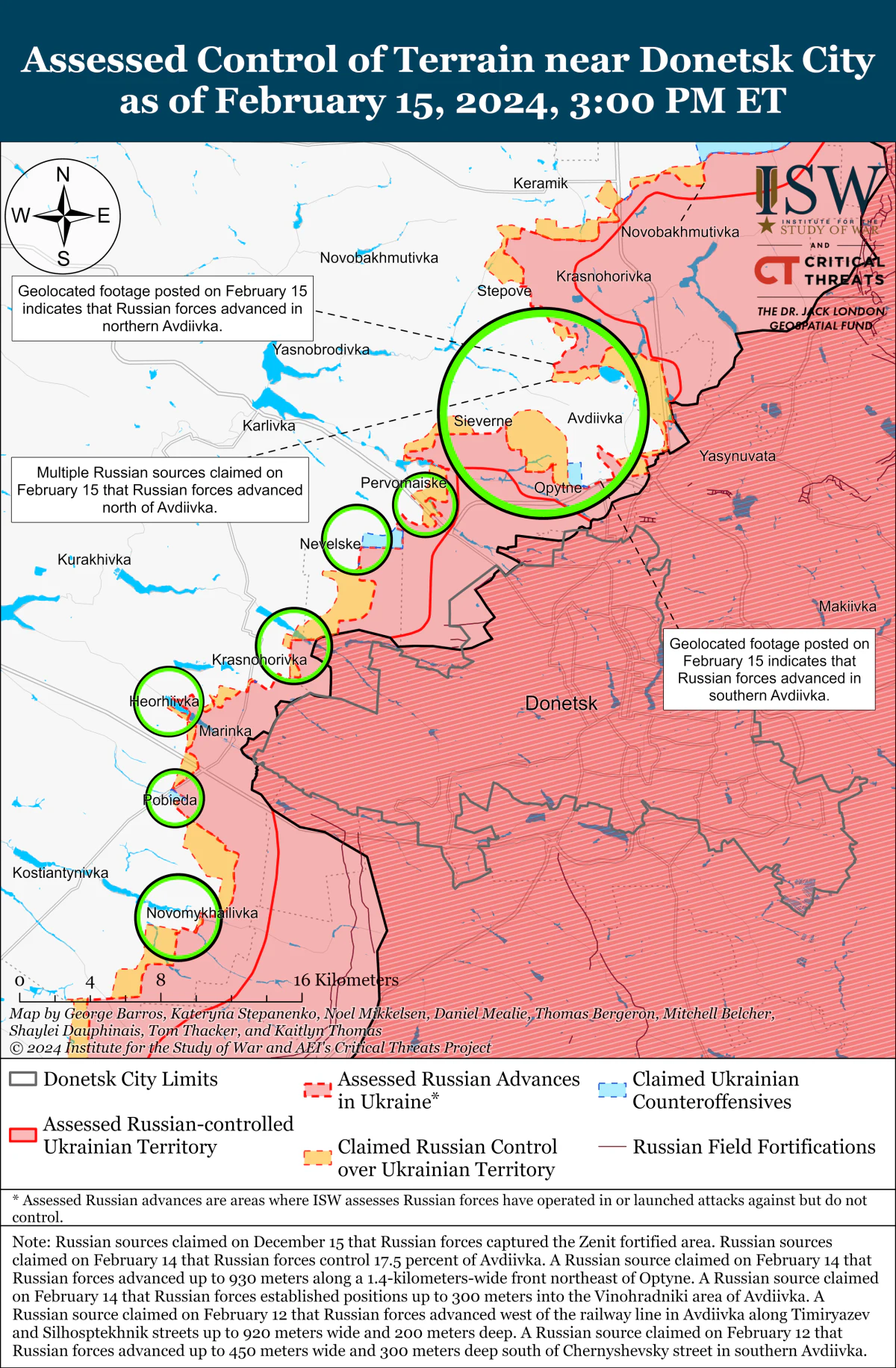 Este mapa del Instituto para el Estudio de la Guerra (ISW) del 15 de febrero de 2024 muestra la ofensiva en curso alrededor de Avdiivka, Óblast de Donetsk.