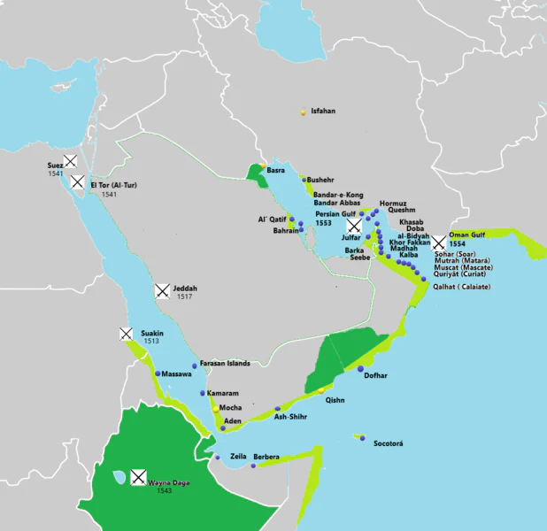 Dominios portugueses en Omán, Golfo Pérsico y Mar Rojo Verde Claro - Territorios portugueses y principales localidades. Verde oscuro - Reino aliado o bajo la influencia de los portugueses. Autor: Hugo Refachinho