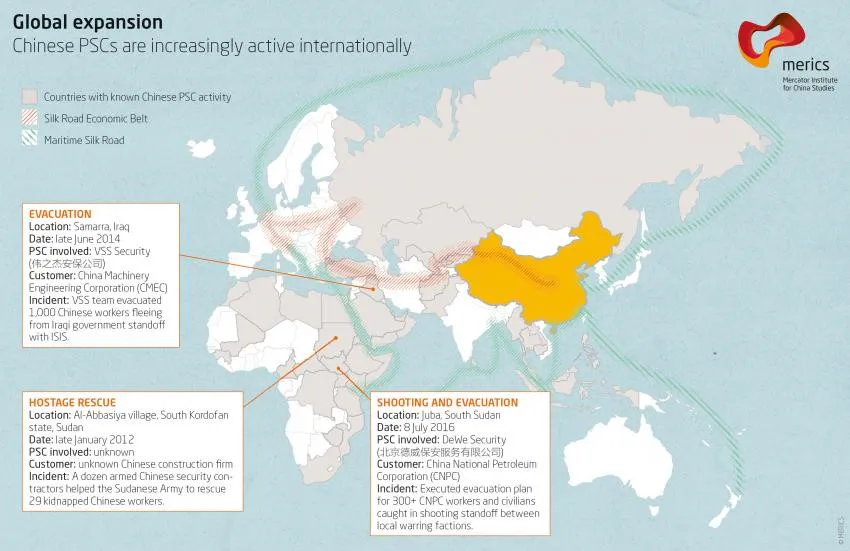 Presencia internacional de las compañías chinas de seguridad privadas. Fuente: Mercator Institute for China Studies