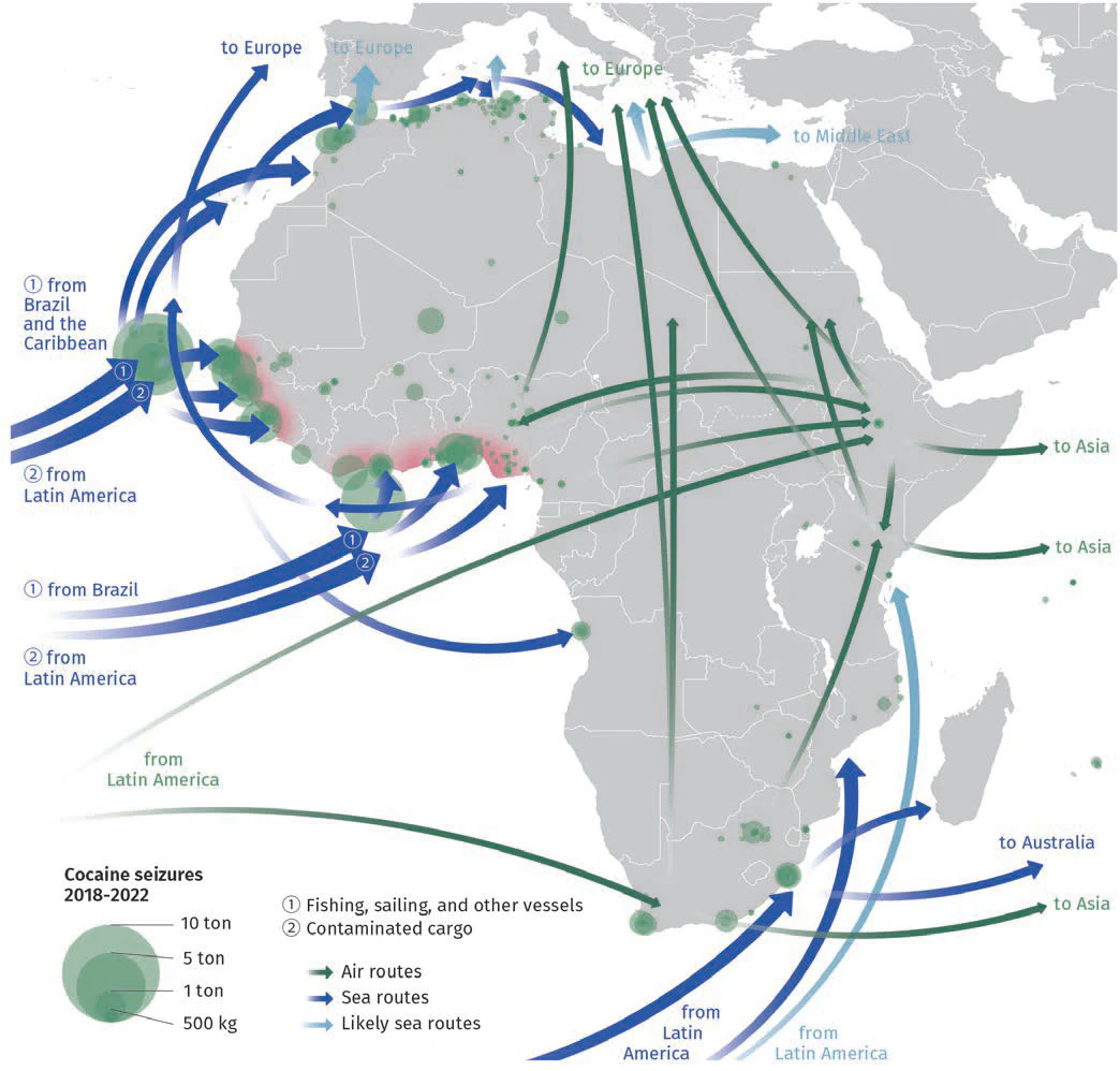 Principales rutas de tráfico de cocaína hacia y desde África, y casos de incautación de cocaína en África, 2018-2022. Fuente:&nbsp;UNODC Global Report on Cocaine 2023