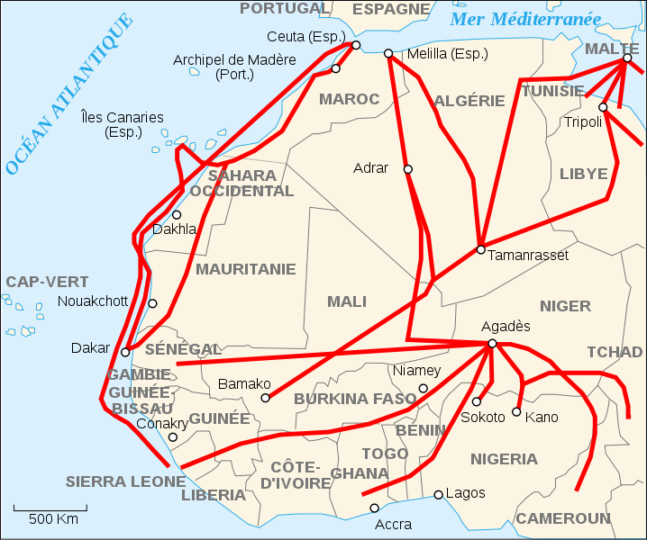 Mapa de rutas de inmigración africanas hacia Europa. Fuente: Frankfurter Allgemeine Zeitung