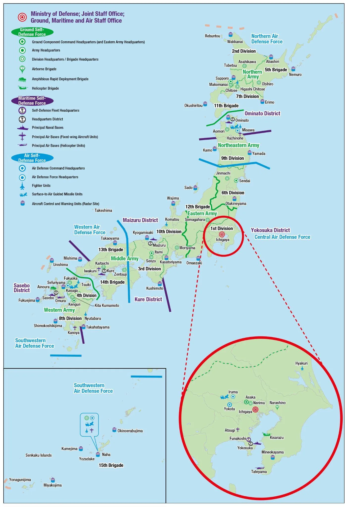 Localización de las principales unidades de la Fuerza Marítima de Autodefensa a 31 de marzo de 2023. Fuente: Defensa de Japón. Libro Blanco de la Defensa 2024