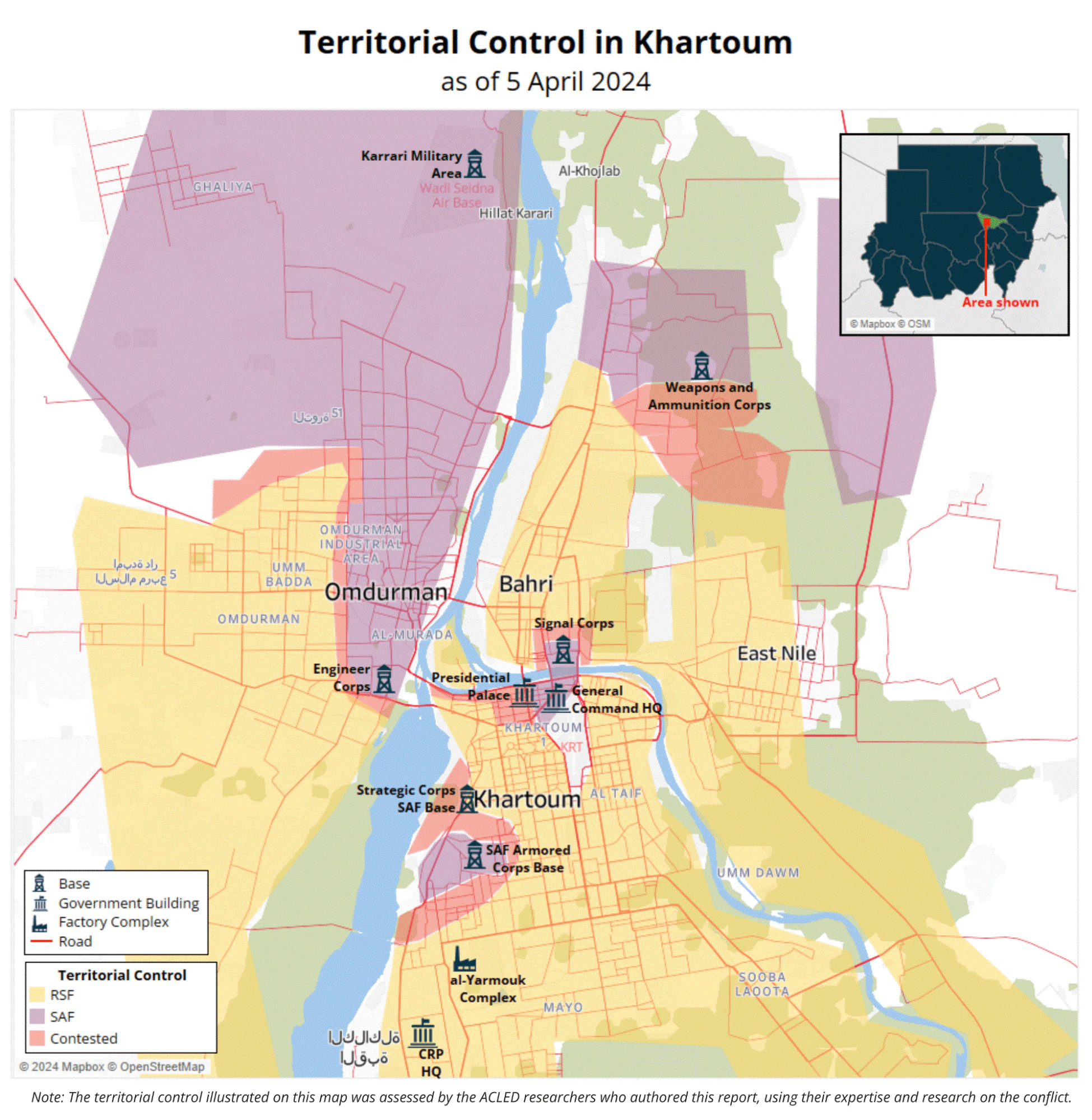 Mapa de las distintas zonas de control en Jartum. Fuente: ACLED