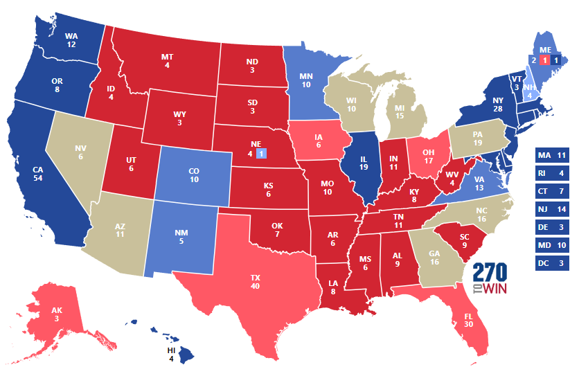  Mapa electoral Estadounidense: En rojo los estados históricamente republicanos, en azul los demócratas y en blanco los swing states
