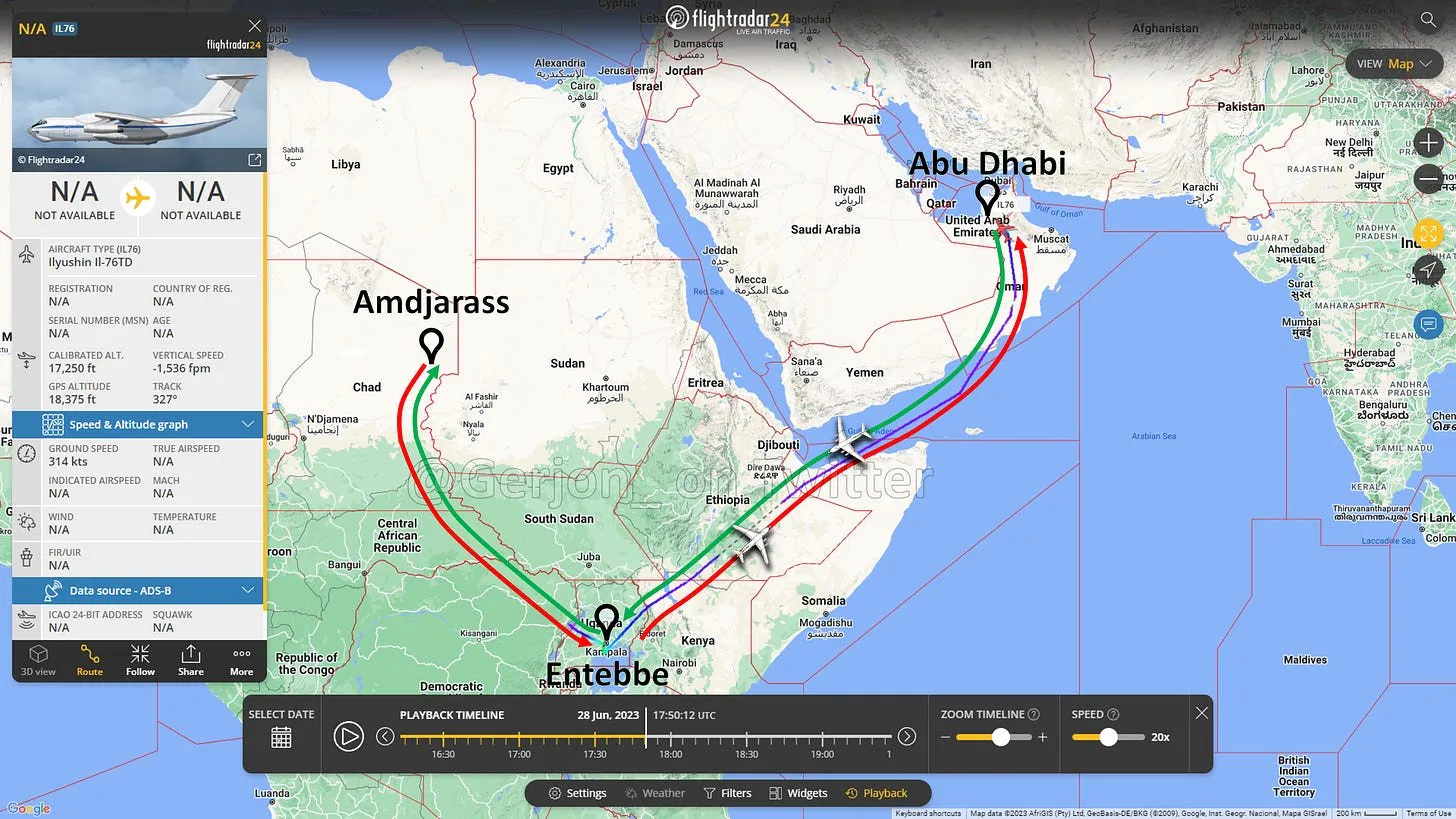 Representación gráfica de la ruta recorrida por el avión de transporte Ilyushin Il-76 que vuela de Abu Dhabi (EAU) a Amdjarass (Chad) vía Entebbe (Uganda). Fuente: Gerjon