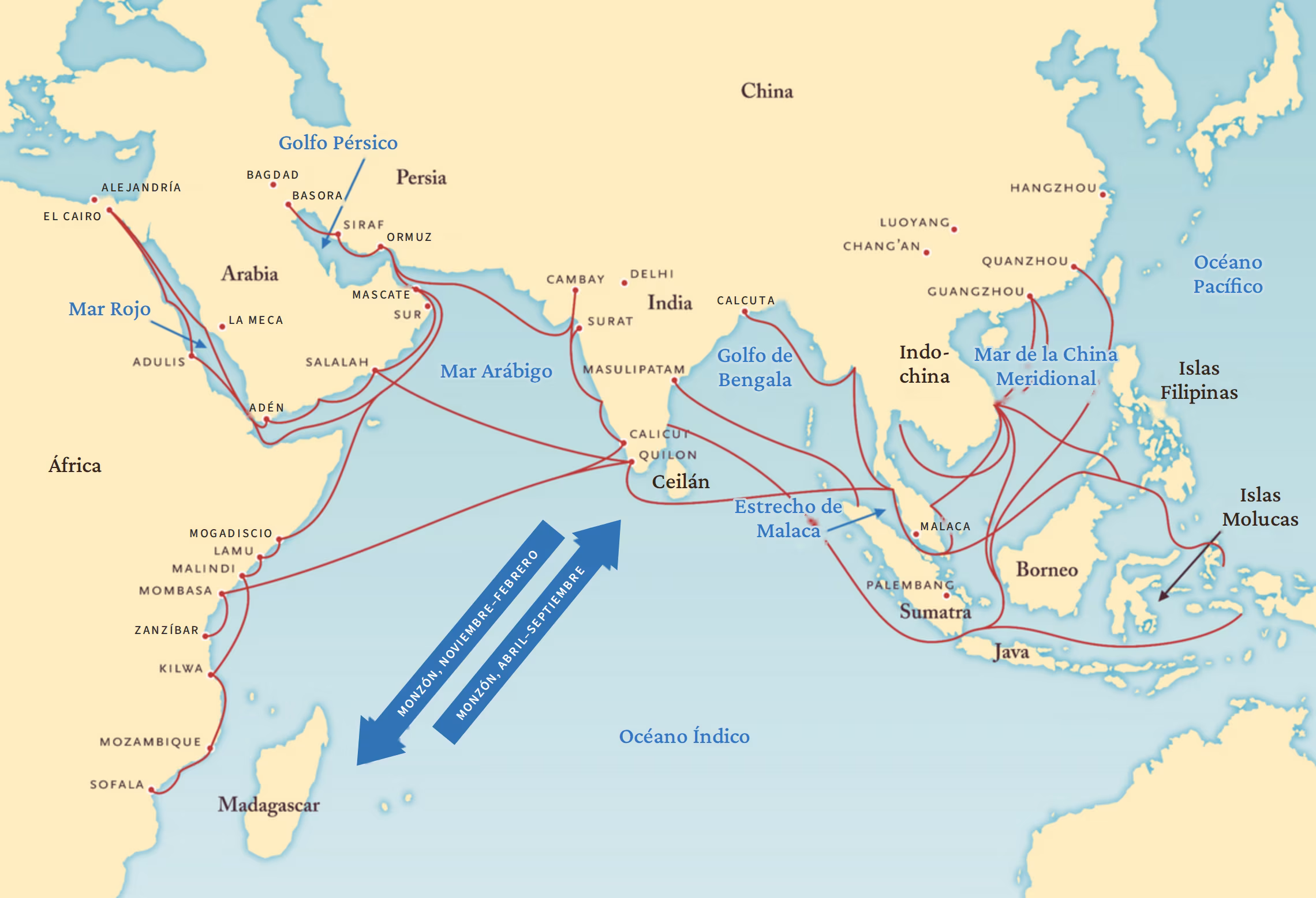 Mapa del Océano Índico que muestra las rutas comerciales y los vientos monzónicos, dibujado por Willie Ryan en 2016, con dirección artística de Lisa Vann, de la  exposición en línea Sailors and Daughters: Early Photography and the Indian Ocean.